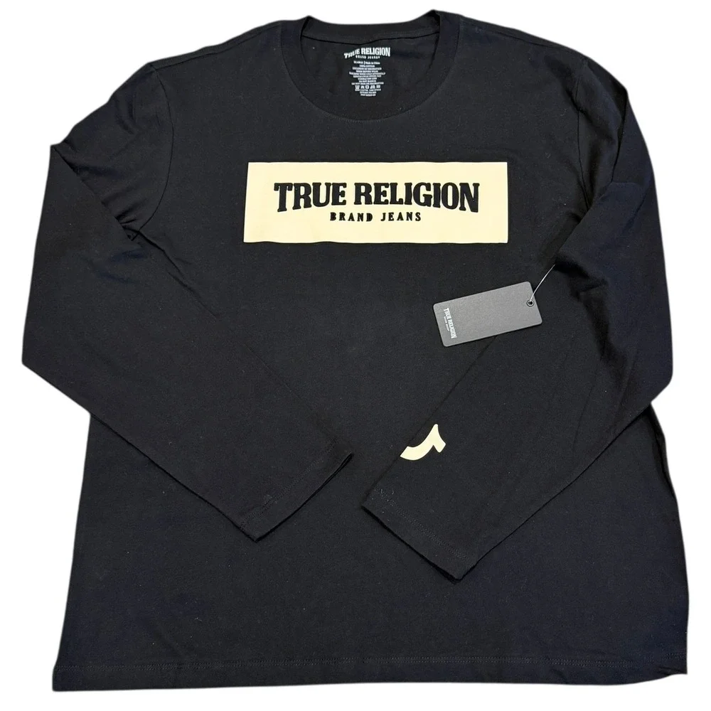 True Religion Long Sleeve T-Shirt Mens XL Black NWT Embossed Box Logo 201332